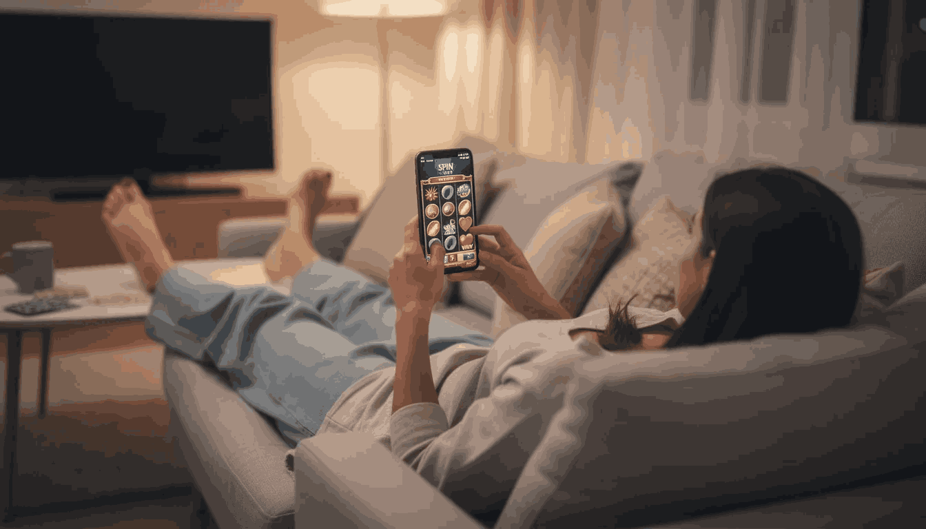 A person is sitting comfortably on a couch, engaged in playing Royal Reels Casino Online Pokies on their smartphone.