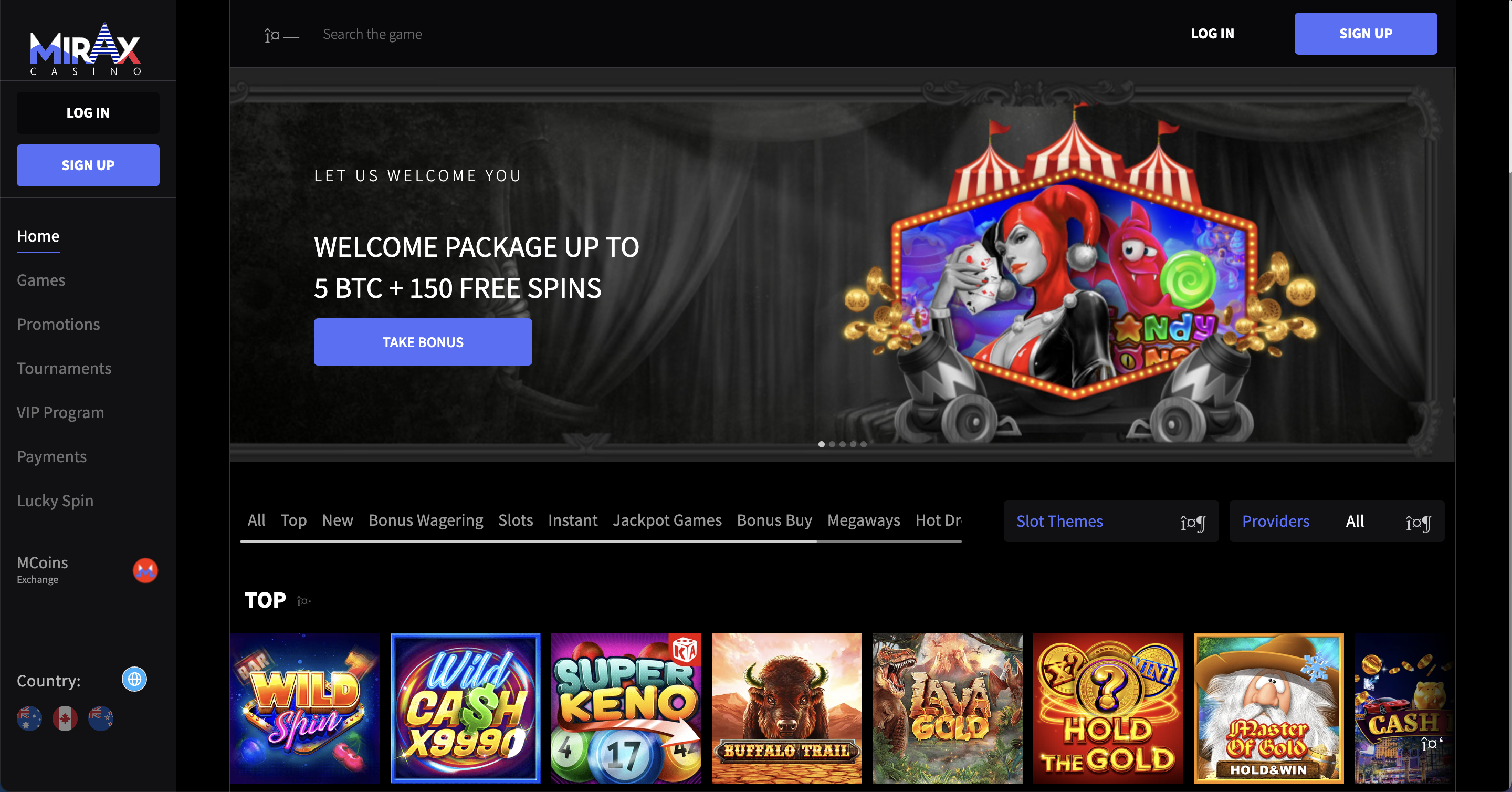 Mirax casino review - homepage screenshot