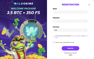 Sign In Up on WildCoins Casino