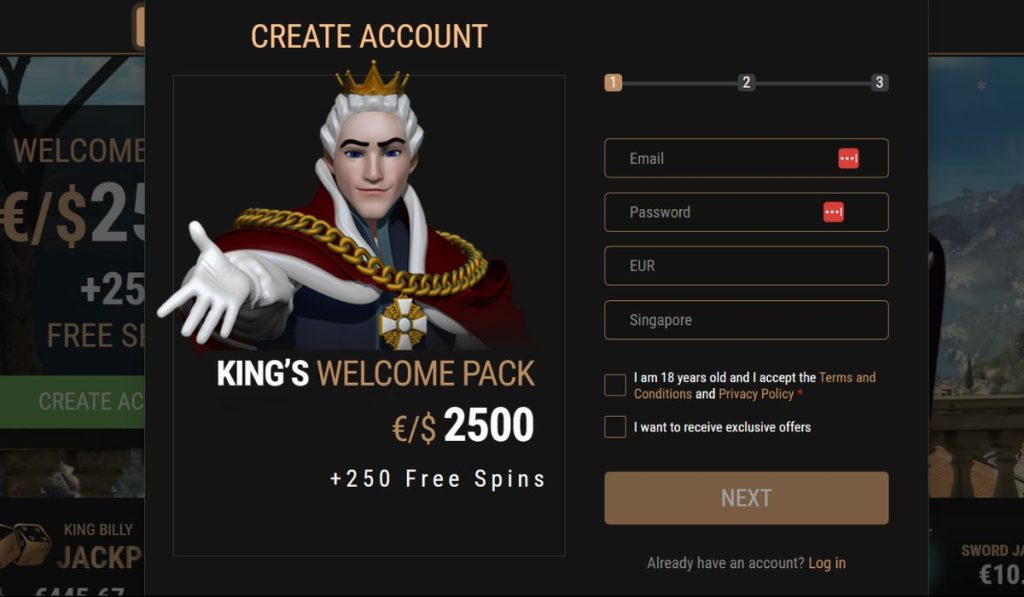 sign in up on King Billy casino