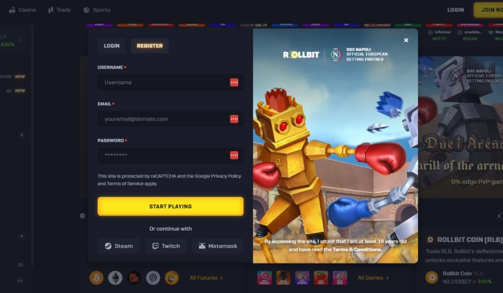 sign in up on Rollbit Casino
